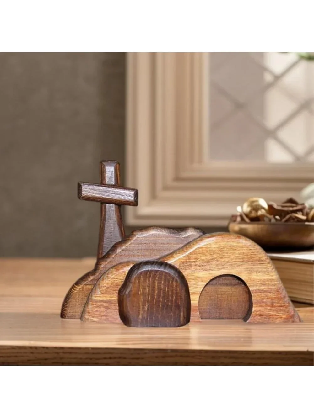 Easter Empty Tomb Scene & Cross Decoration - Wooden Jesus Tomb for Home Office